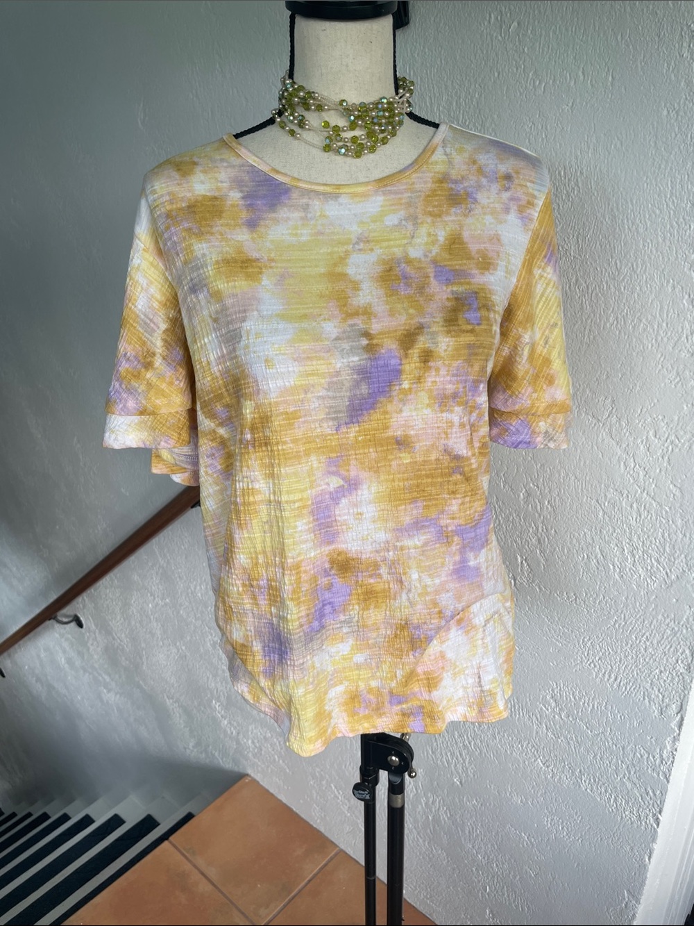 Wallpapher NWOT Yellow & Lavender Tie-Dye Short Flutter Sleeve Tee Medium